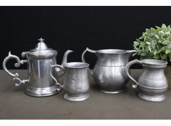 Group Lot Of 4 Vintage Pewter Pitchers And Coffee Pot - Including Wilton-Columbia