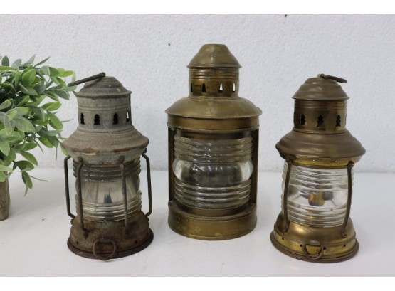 Group Lot Of 3 Vintage Brass Marine And Railway Lanterns