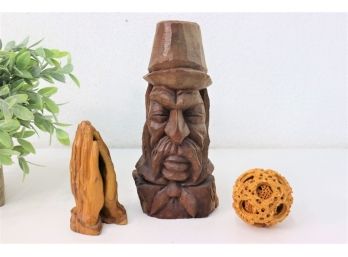 Group Lot Of Folkloric Wood Carvings, Including Multiple Trapped Nested Balls