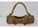 Faux Bamboo Pottery  Display Vessel With Twisted Vine Wicker Handle, Signed .