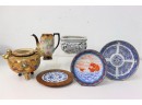 Group Lot Of Asian Plates, Pots, And Jug - Flow Blue, Satsuma Style, And Other