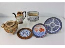 Group Lot Of Asian Plates, Pots, And Jug - Flow Blue, Satsuma Style, And Other