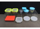 Group Lot Of Food Storage Containers With Plastic Tops (only 1 Top Missing)