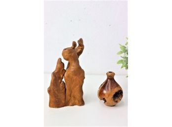 Two Craft Wood Burl Carvings - One Turned Bud Vase And One Free-Form Statuette