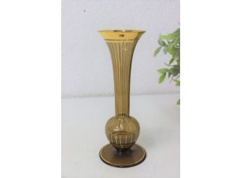 Vintage Smoky Glass Bud Vase With Gold Painted Stripes