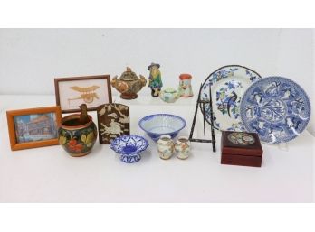 Group Lot Collection Of Orientalia, Including Porcelain, Relief Art, Inlay Art, And More