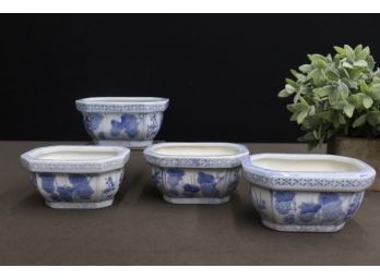 Group Lot Of 4 Decorative  Chinese Blue & White Long Octagonal Ceramic Planters