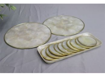 Brass Rimmed Capiz Shell Table Coasters Set Of 10 And Two 8.25' Round