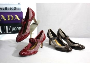 Pair Of JOAN & DAVID CIRCA Leather Plaid Houndstooth T-Strap Heels Size 8.5