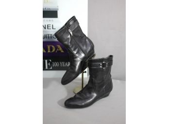 Enzo Angiolini Women's Black Leather Fashion Boots Size 8M Bootie Wedge Heel