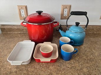 Le Creuset Lot - Enamel Pot, Kettle, Mugs, Ramekin, And Dishes