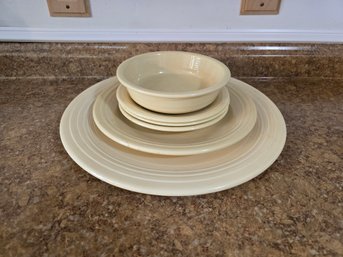 Fiesta Ware Lot Of 6 Tan/Beige Platter, Plates And Bowls