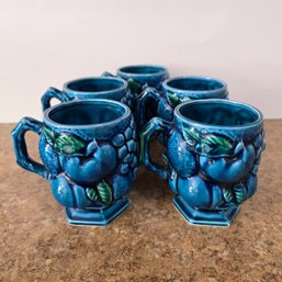 Vintage MCM Inarco Mood Indigo Blue Fruit Blueberry Art Glass Mugs Japan