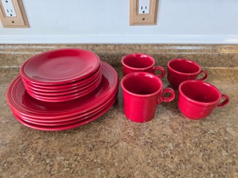 Fiesta Ware 14 Piece Set Of Red Dinner Plates, Salad Plates, Mugs, Tea Cups