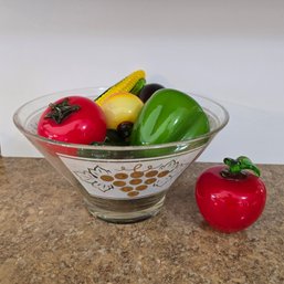 Vintage MCM Murano Style Hand Blown Glass Fruits In Hazel Atlas Grape Bowl