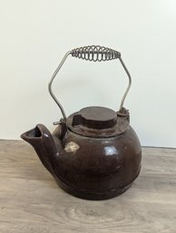 Antique Cast Iron Brown Enameled Kettle With Metal Handle - Well Used