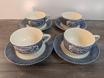 Currier & Ives Royal Blue Teacup Set Of 4 Cups And Plates