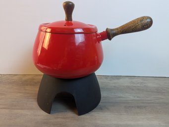 MCM Red Enamel Fondue Pot With A Metal Stand - Wood Handle