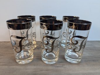 6 Dorothy Thorpe Highball Monogram 'F' Cups Mid-century MCM Good Condition