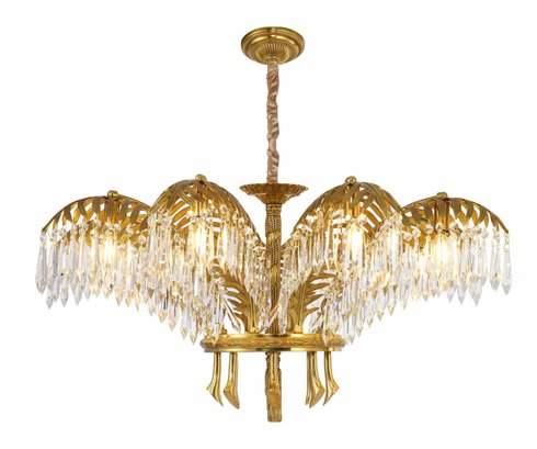 Art Deco Style Palm Branch Brass And Crystal Chandelier