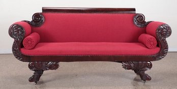 AMERICAN EMPIRE CARVED MAHOGANY CLAWFOOT SOFA 1860