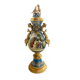 Porcelain Poise: Hand-Painted Teal Urn With Rococo Resonance