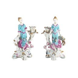 Pair Of Pink & Blue Hand-painted Porcelain Candlestick Holders