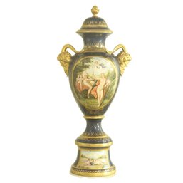 Elysian Dream: Teal Porcelain Vase With Pan's Bronze Embrace - A 20th Century Marvel