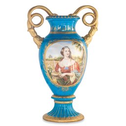 Rococo Style Vase With Hand-painted Motif & Snake Handles