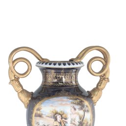 Rococo Style Vase With Hand-painted Motif & Snake Handles