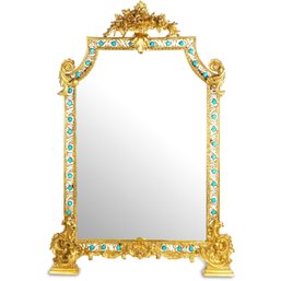 Louis XV Style Bronze & Porcelain Mirror With Floral Crown And Delicate Blue Porcelain Accents