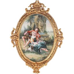 Rococo Romance: Exquisite Porcelain Painting In Bronze Frame