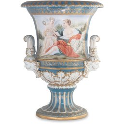 Artistry In Porcelain: Soft Blue Pot With Cherubs And Landscape