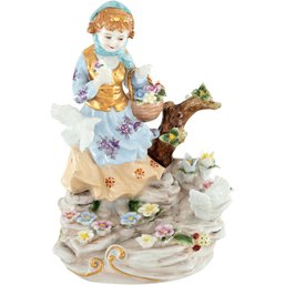 Girl Feeding Dove Porcelain Figurine With Bushes And Blooming Flowers