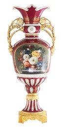 Scarlett Red Rococo Style Vase With Hand-painted Motif & Vine Handles