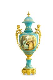 Exquisite Hand-Painted Porcelain Vase With Bronze Cherub Handles