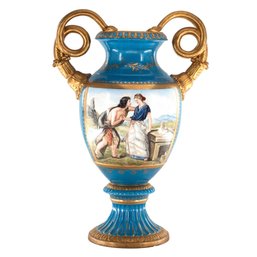 Rococo Style Vase With Hand-painted Motif & Snake Handles
