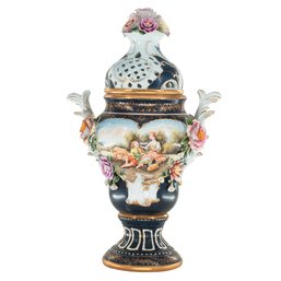 Rococo Elegance Unveiled: Potpourri Hand-Painted Vase With Porcelain Flowers
