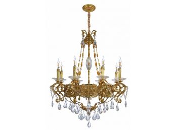 Eight Arm Chandelier With Large Crystal Prisms And Intricate Brass Patterns