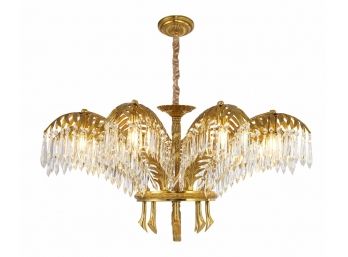 Art Deco Style Palm Branch Brass And Crystal Chandelier