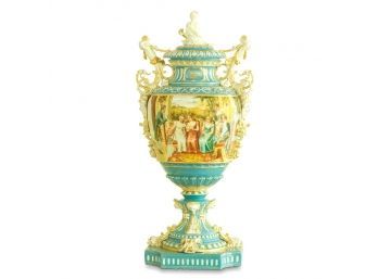 Cherubs And Society: A Teal And White Porcelain Vase With Hand-Painted Scenes