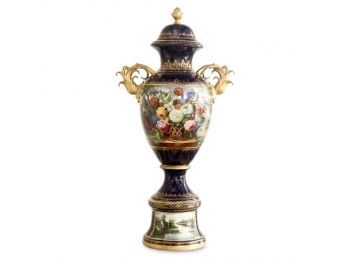 A Touch Of Class: Hand-Painted Dark Blue Porcelain Vase With Baroque Floral Motif