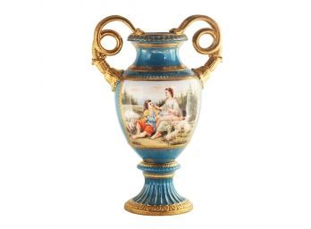 Rococo Style Vase With Hand-painted Motif & Snake Handles In Green