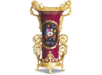Majestic Hand-Painted Porcelain Vase With Bronze Vine Embellishments