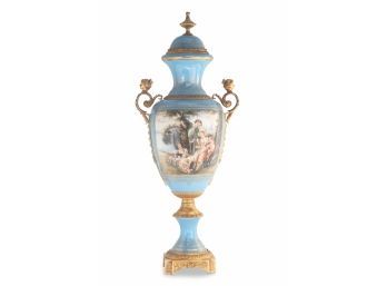 A Renaissance Of Craftsmanship: Blue Vase With Bronze Cherub Handles And Classical Scenes.