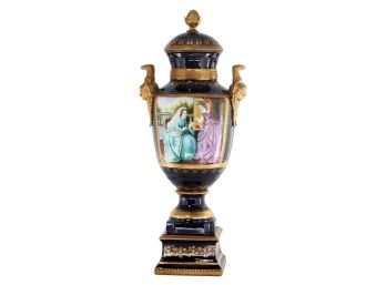 Epoch Of Artistry: Dark Blue Vase Depicting Classical Scenes With Bronze Accents