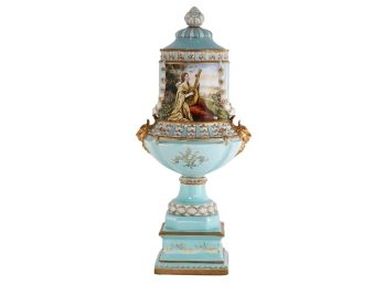 Teal Hand-painted French Style Urn With Rococo Motifs