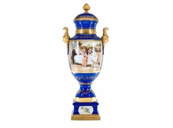 Striking Royal Blue Porcelain Vase Hand-painted With Detailed Bronze Handles: A Rococo Masterpiece