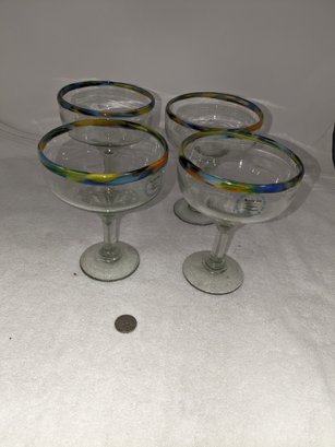 Mexico Margarita Glasses Multi Color Swirl Blown Confetti 16oz Set Of 4