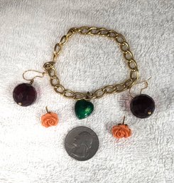 Costume Jewelry - Golden Bracelet W/ Two Sets Of Earings